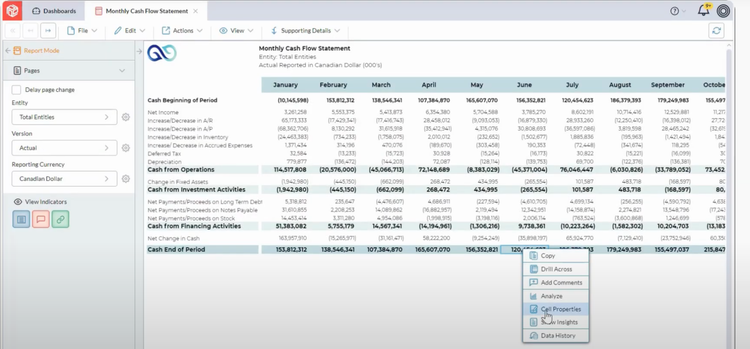 Prophix One Monthly Cash Flow Statement