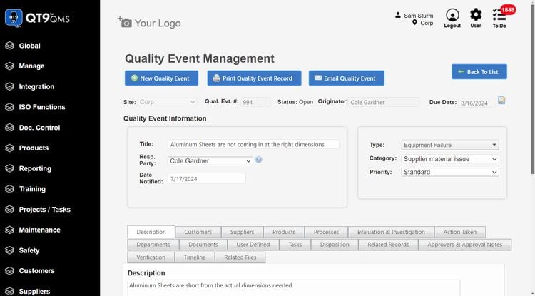 QT9 QMS Quality Event Management