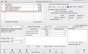 CDM+ Church and Non-Profit Management: Batch Contribution Entry