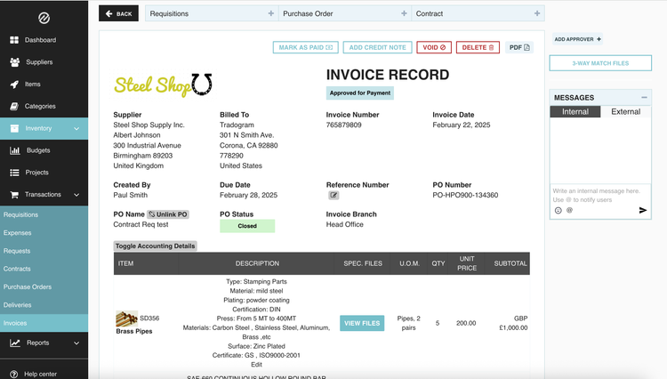 Tradogram Invoice Record