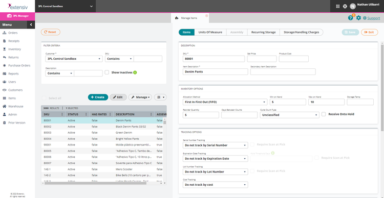 Extensiv 3PL Warehouse Manager Item Manager