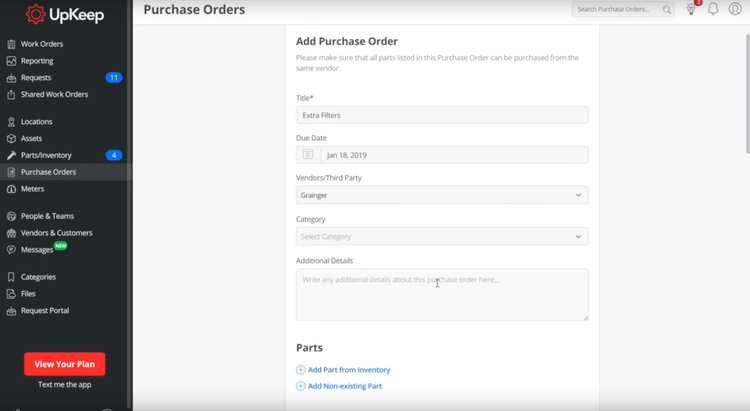 Purchase Order in UpKeep