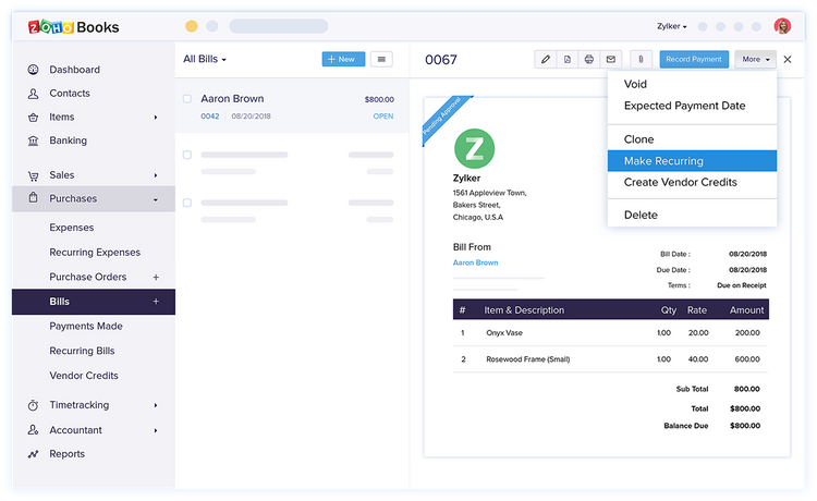 Zoho Books Recurring Bills