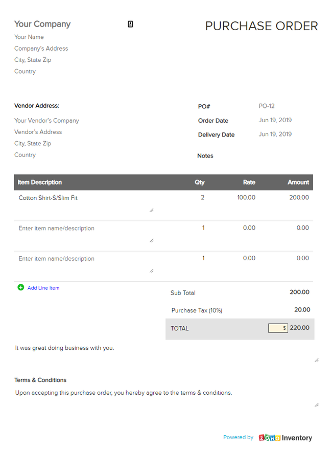 Zoho CRM: Inventory Purchase Order