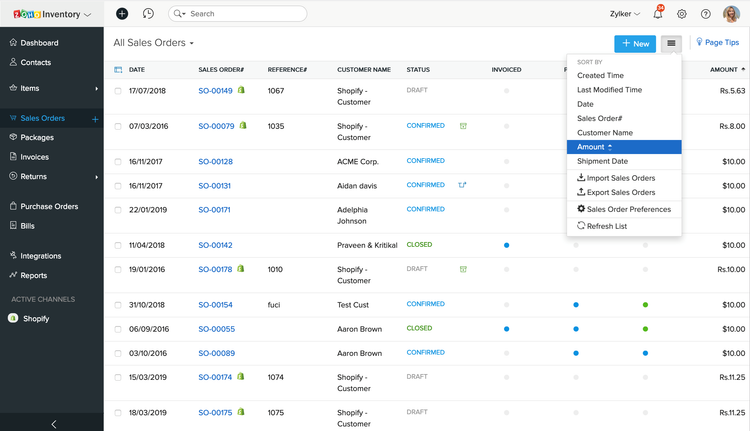 Zoho Inventory Sales Orders