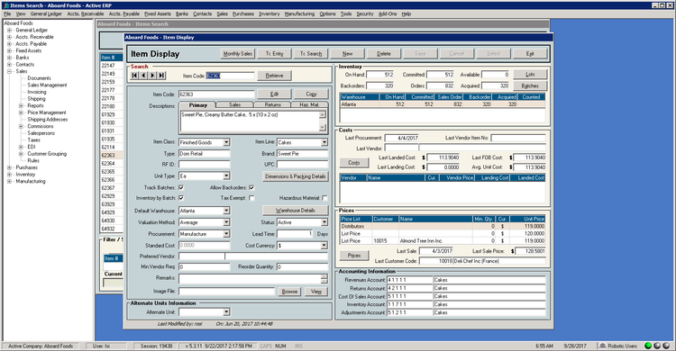 The Item Display in Active ERP