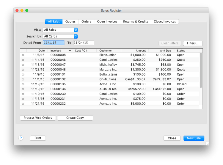 Sales register UI in AccountEdge Pro