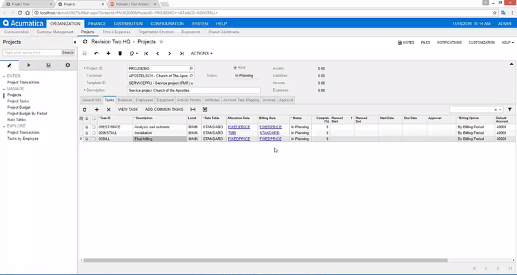 Project accounting in Acumatica ERP