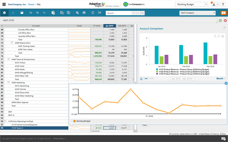 EPM Software: Example of a profit and loss statement template in Adaptive Planning.