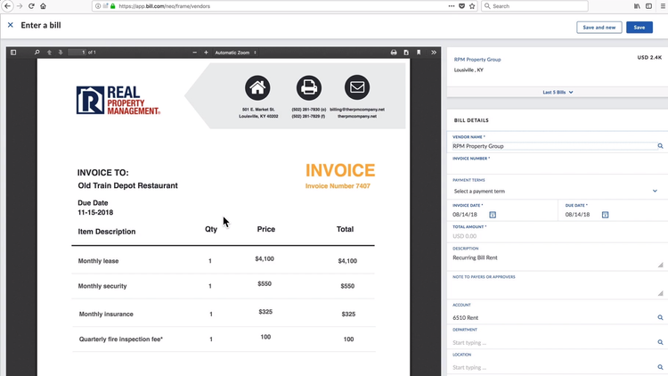 A sample invoice being created in Bill.com