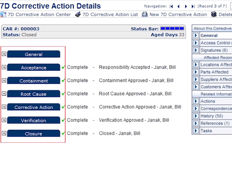 Corrective action details in HQMS