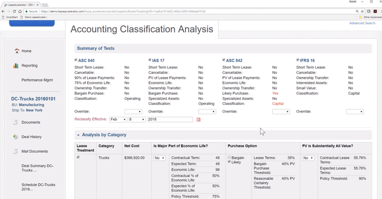 Accounting classification analysis in LeaseAccelerator