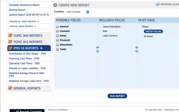 IFRS 16 reports in LeaseQuery