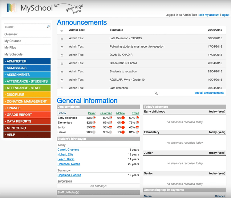 MySchool Main Dashboard School Management Software