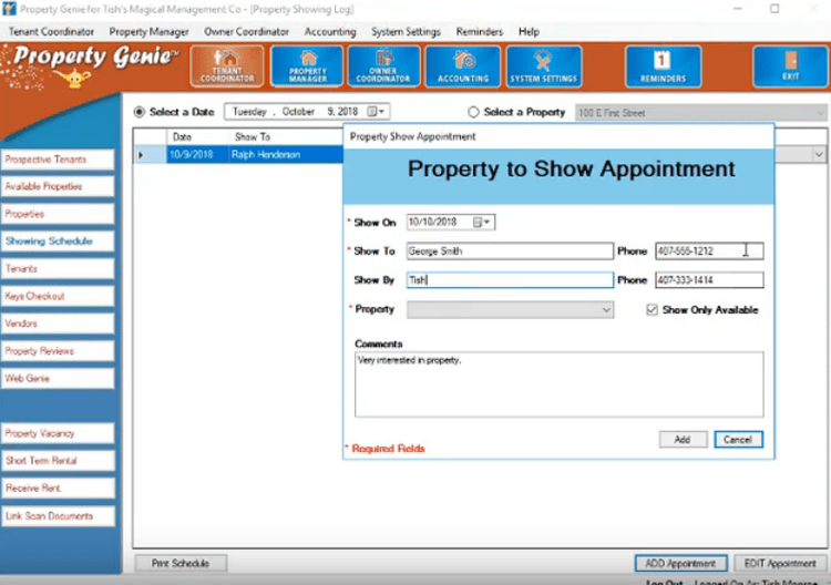 Property showing log Property Genie Property Management Software