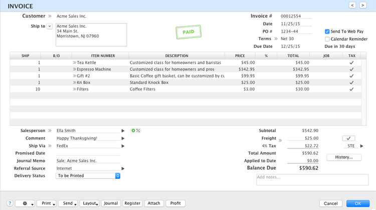 AccountEdge Pro Invoice