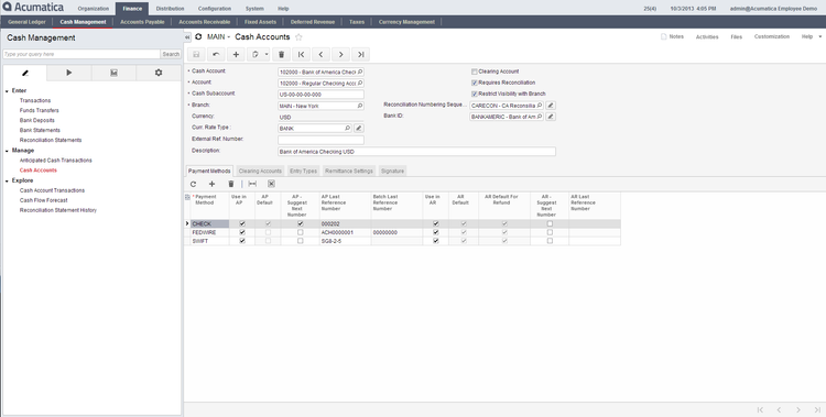 Acumatica Cloud ERP software Cash accounts