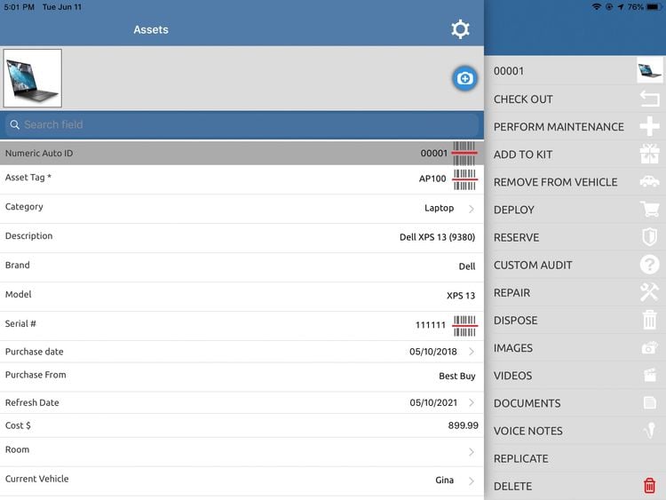 Asset Panda Tablet View of Asset Record