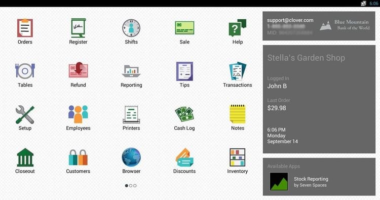 Clover POS System Home Menu