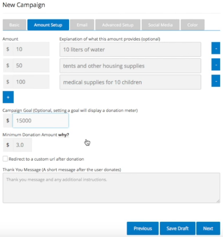 Donorbox New Campaign Amount Setup