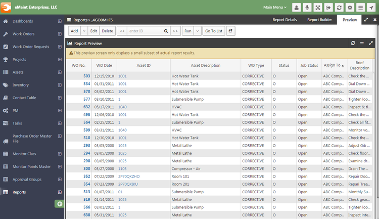 eMaint reporting healthcare CMMS