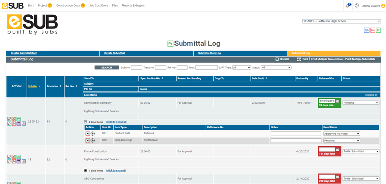 eSUB Submittal Log