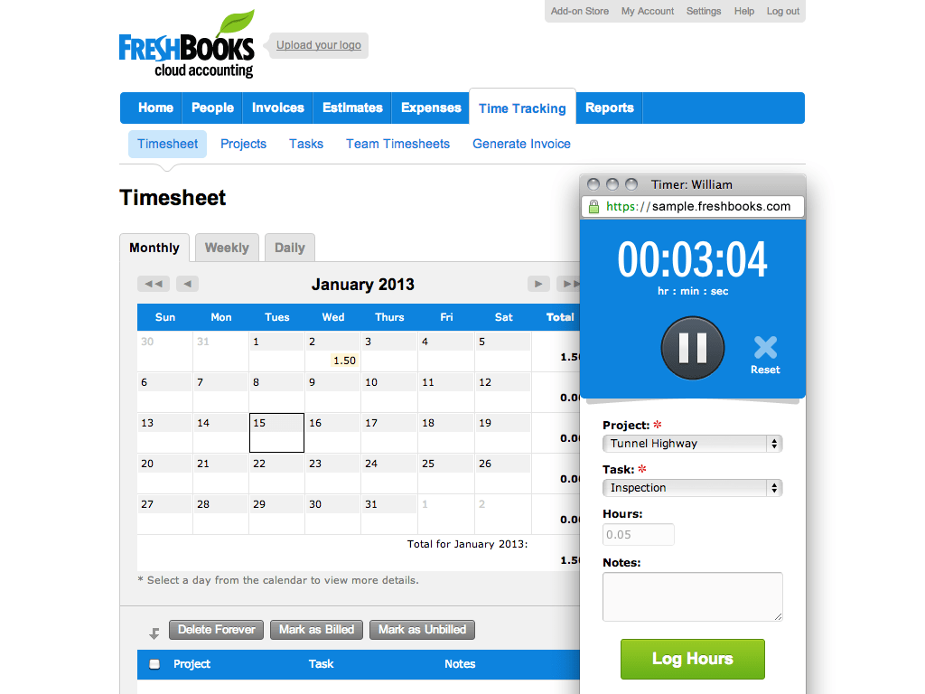 Project and task time tracking
