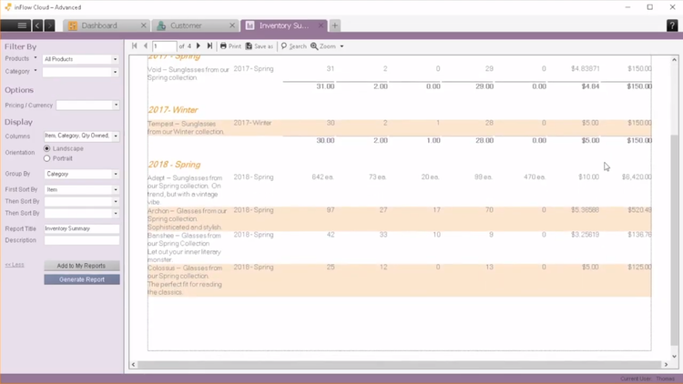 inFlow Inventory Summary Screen