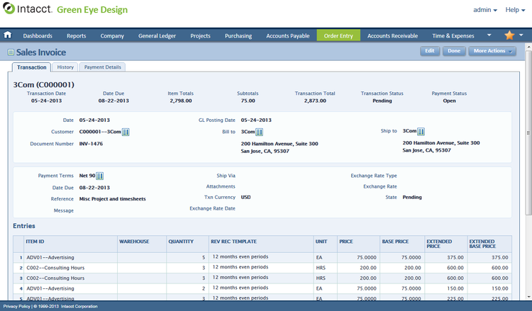 Sage Intacct Sales Invoice