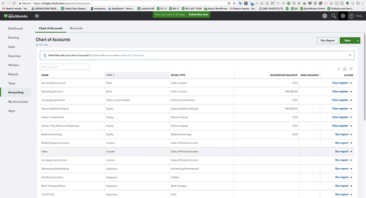 QuickBooks Online Chart of Accounts