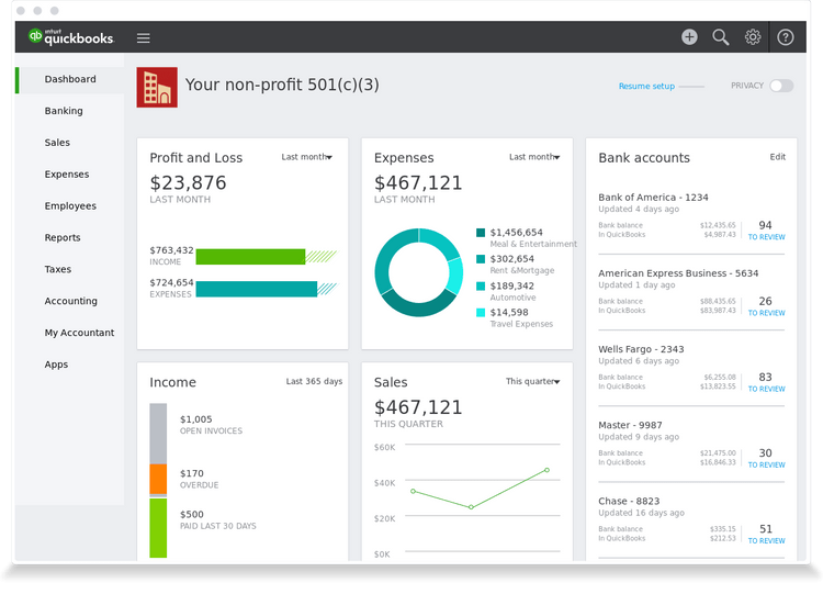 QuickBooks Online Nonprofit Accounting Software Dashboard