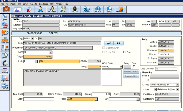 screenshot of Pharmaserv software