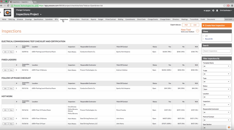 Procore inspections construction scheduling software