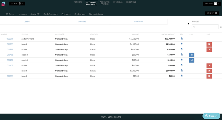 SoftLedger Accounts Receivable Invoices