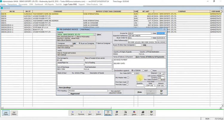 Turbo-EMS Preshipment invoice Import Export Software