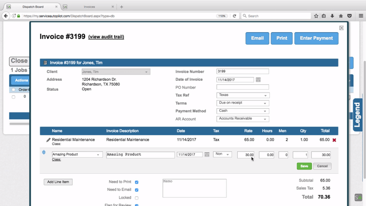 An example invoice in Service Autopilot