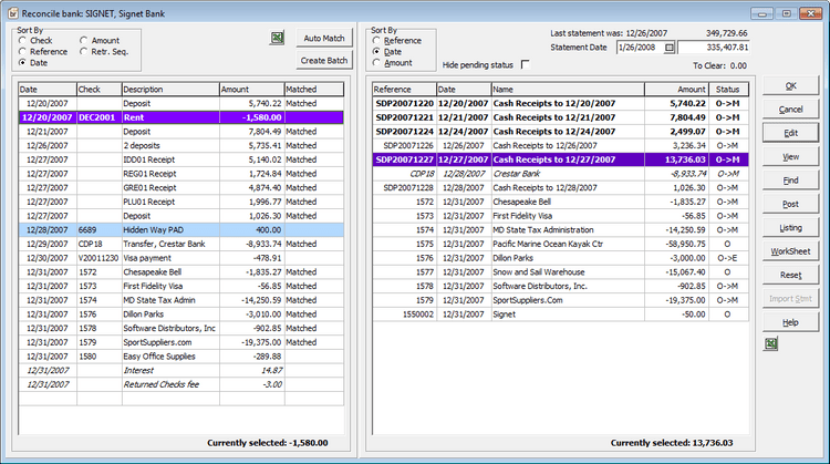 Bank reconciliation in Adagio Accounting Suite