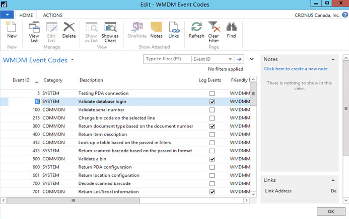 Warehouse Insight Event Codes Editor