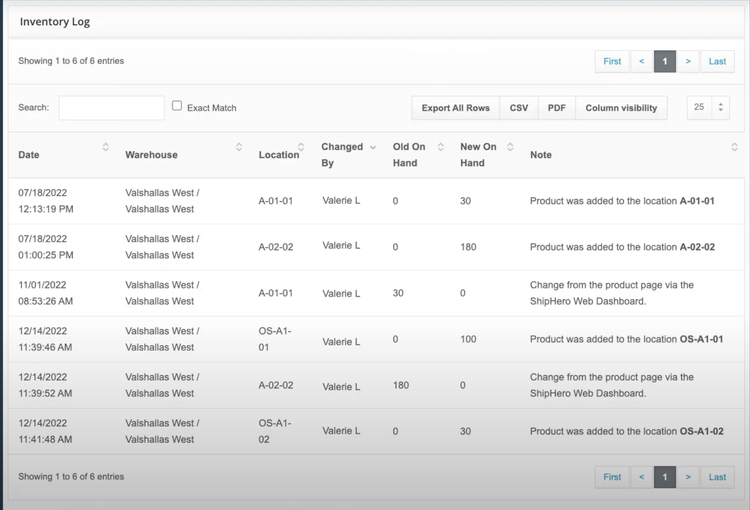 ShipHero Inventory Log