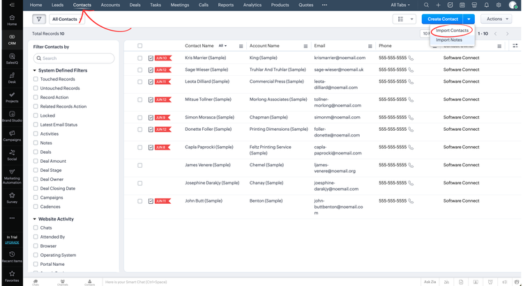 Screenshot of Zoho CRM Contacts Dashboard