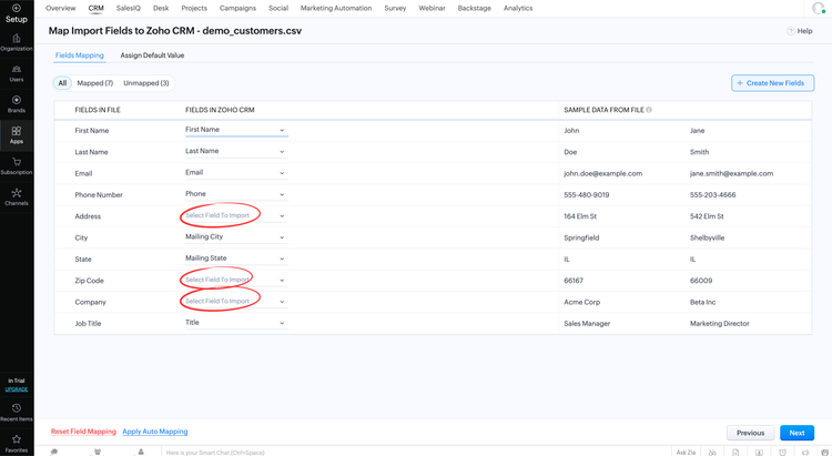 Screenshot mapping imported contact fields in Zoho CRM