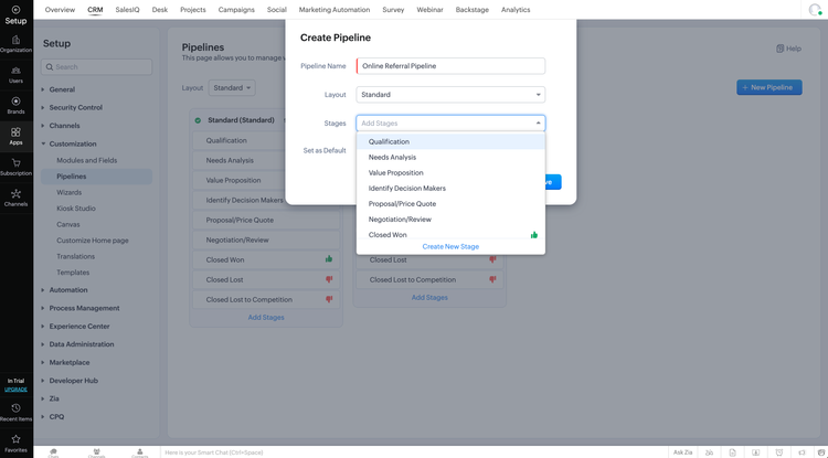 Screenshot of pipeline creator on Zoho CRM