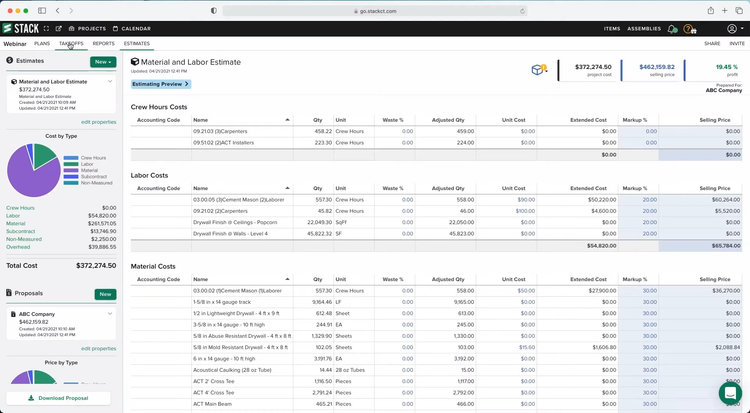 STACK Material and Labor Estimate