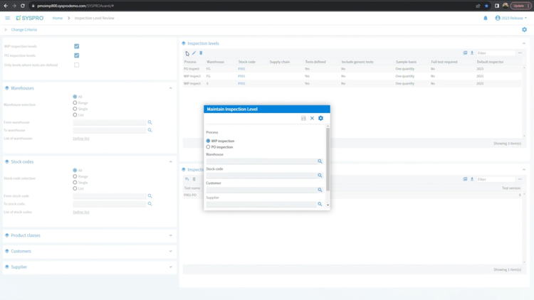 Maintain Inspection Levels in SYSPRO