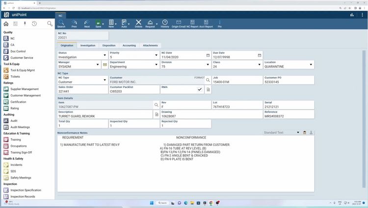 Unipoint QMS Non Conformance Management