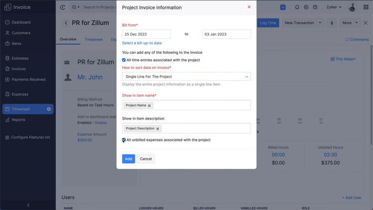 Zoho Books Project Invoice Creation